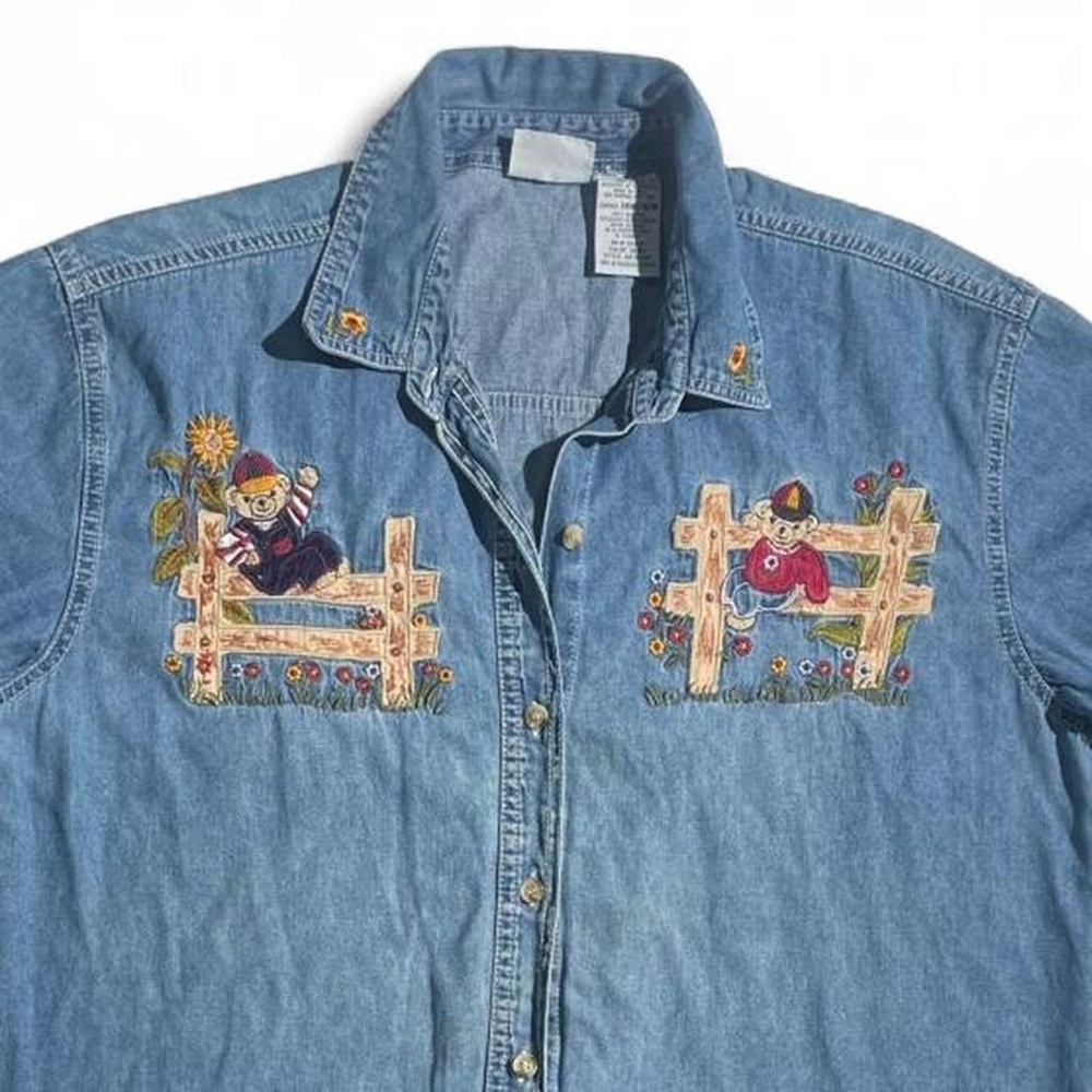 VTG 90s Bobbie Brooks Embroidered Teddy Bear Denim Shirt Art Teacher Sunflowers